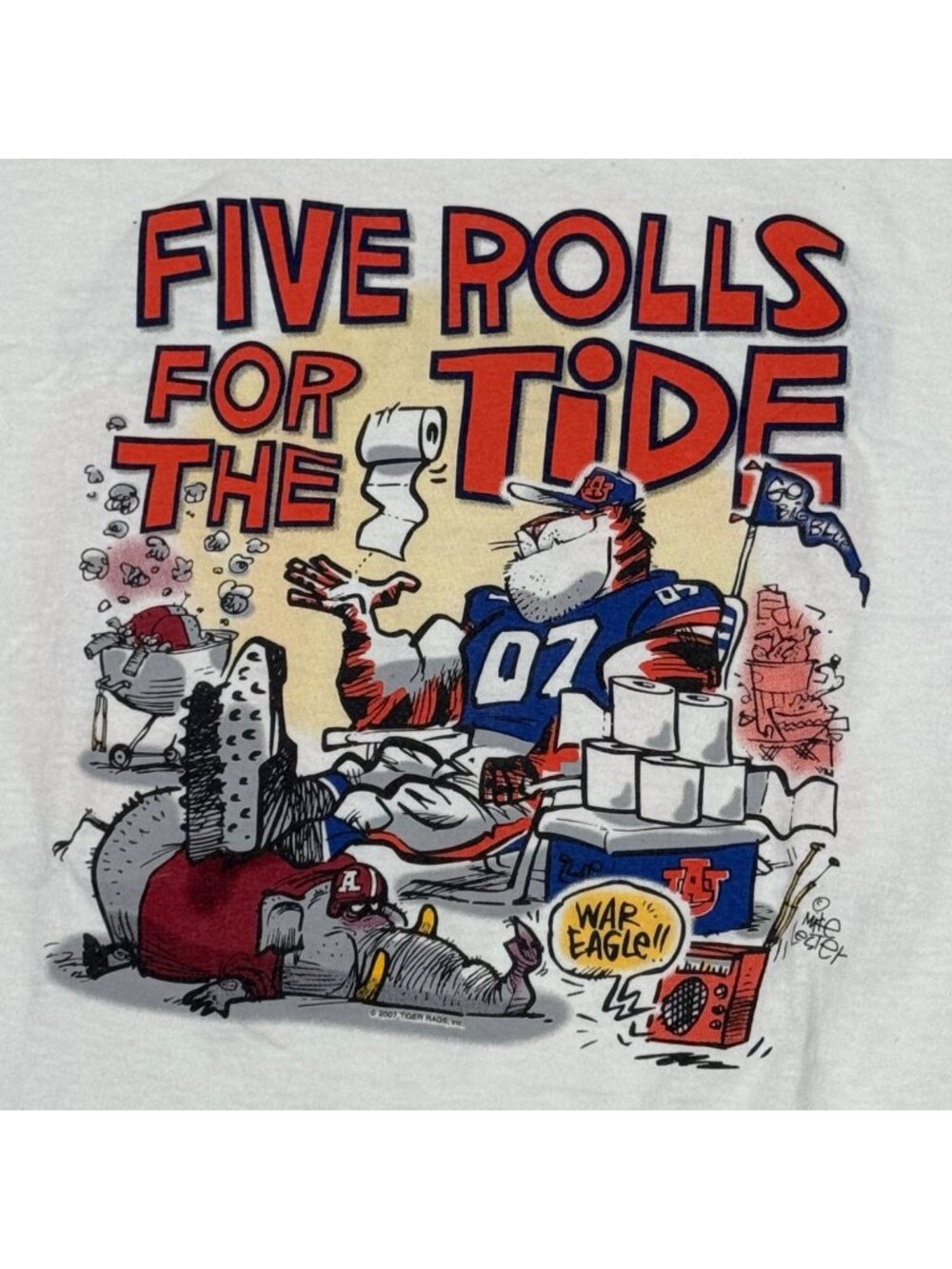 2007 Auburn Vs Alabama Tiger Rag T-shirt Mens Size XL Five Rolls For The Tide